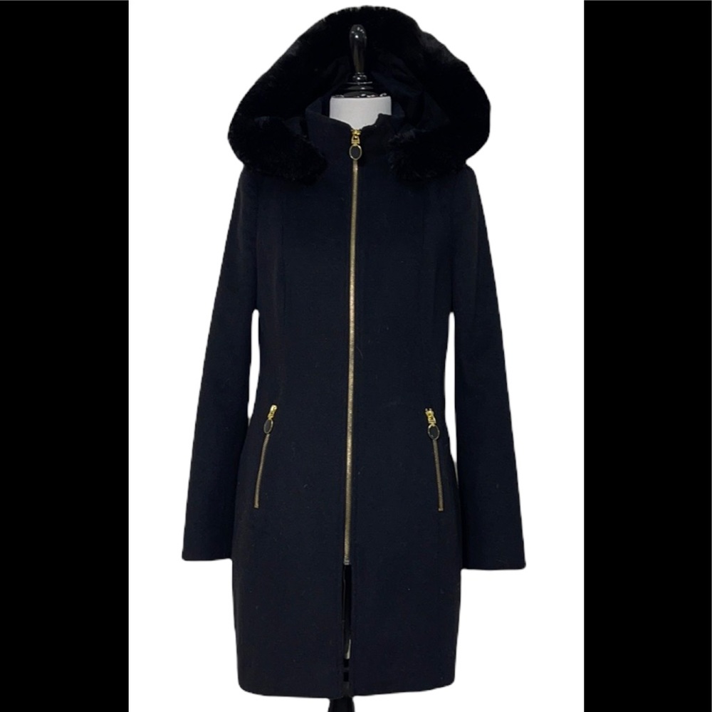 T Tahari Faux Fur Gold Hardware Wool Car Coat with removable hood New 6